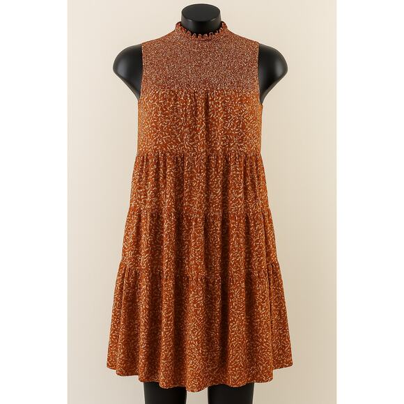 Taylor Smocked Tiered Printed Mini Dress Brown XL - Picture 1 of 8